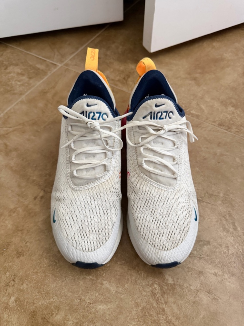 Nike Air270 White Knit Sneakers with Navy & Orange Accents